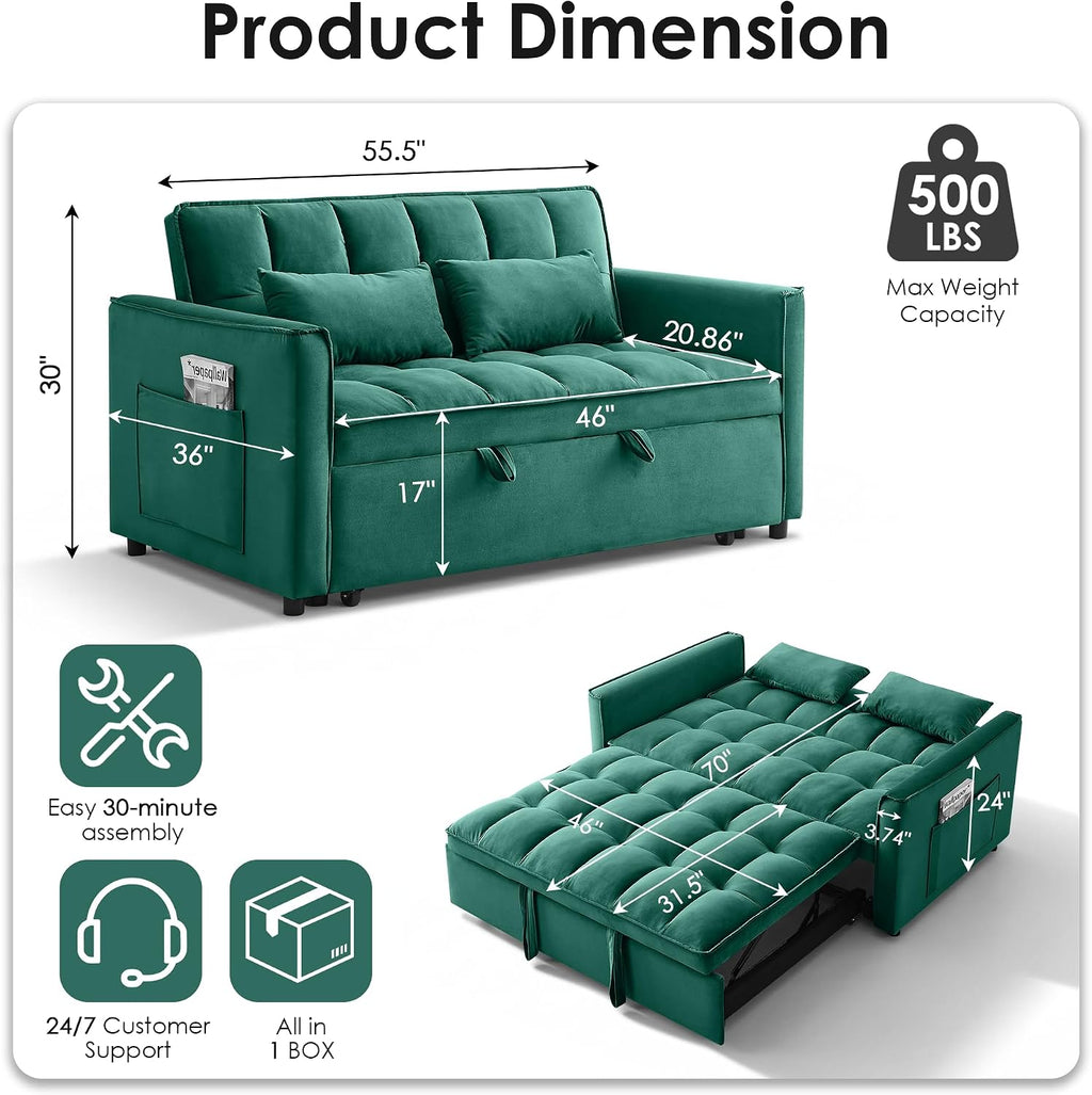 3 in 1 Convertible Sleeper Sofa Bed, 55' Pull Out Couches, Modern Loveseat Sleeper Sofa with Adjustable Reclining Backrest & Side Pockets for Living Room, Velvet Fabric, Green