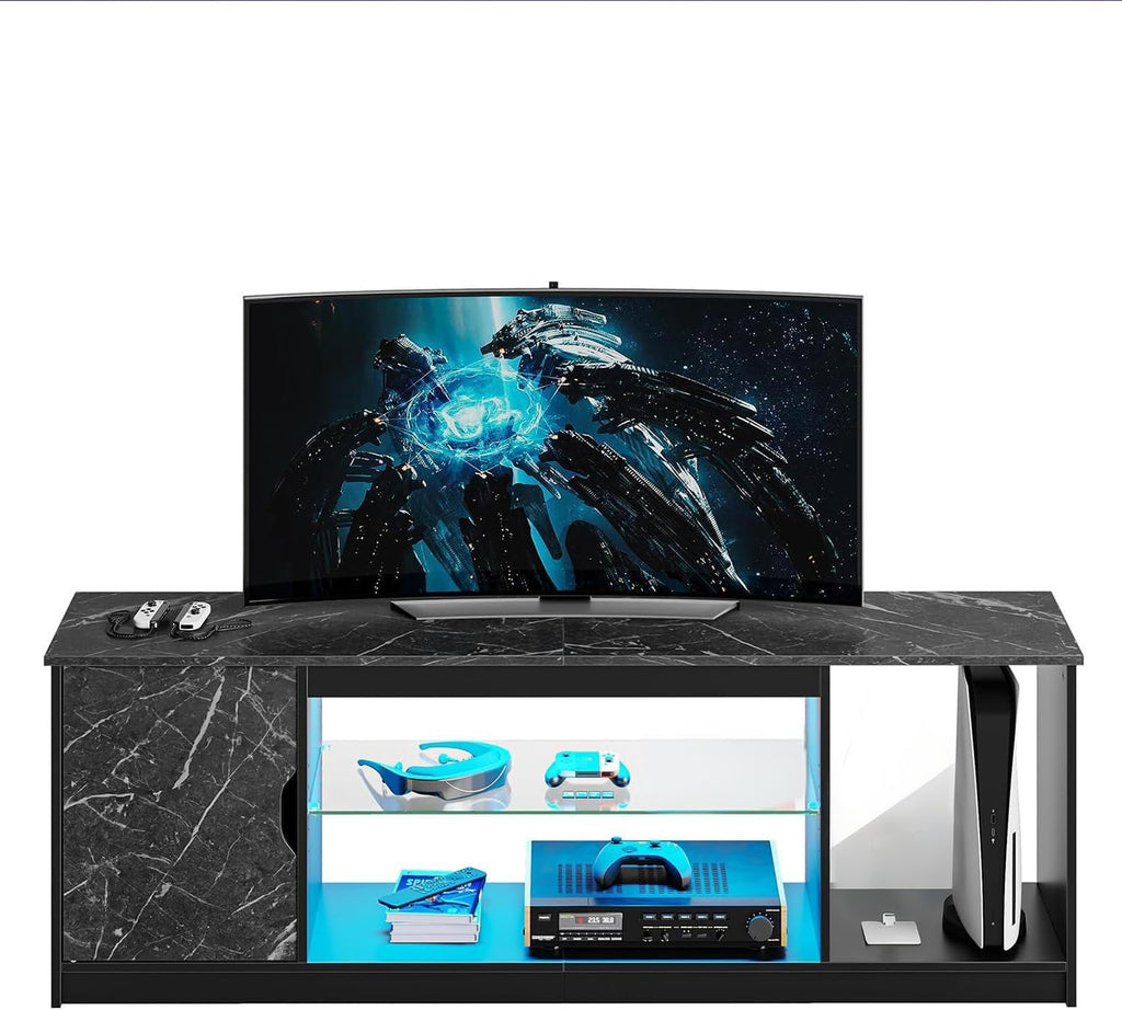 Bestier LED TV Stand for 55/60/65 Inch TV, Gaming Entertainment Center with Cabinet for PS5, Xbox,Modern TV Cabinet with Adjustable Glass Shelves for Living Room, Bedroom 57 Inch,Black Marble