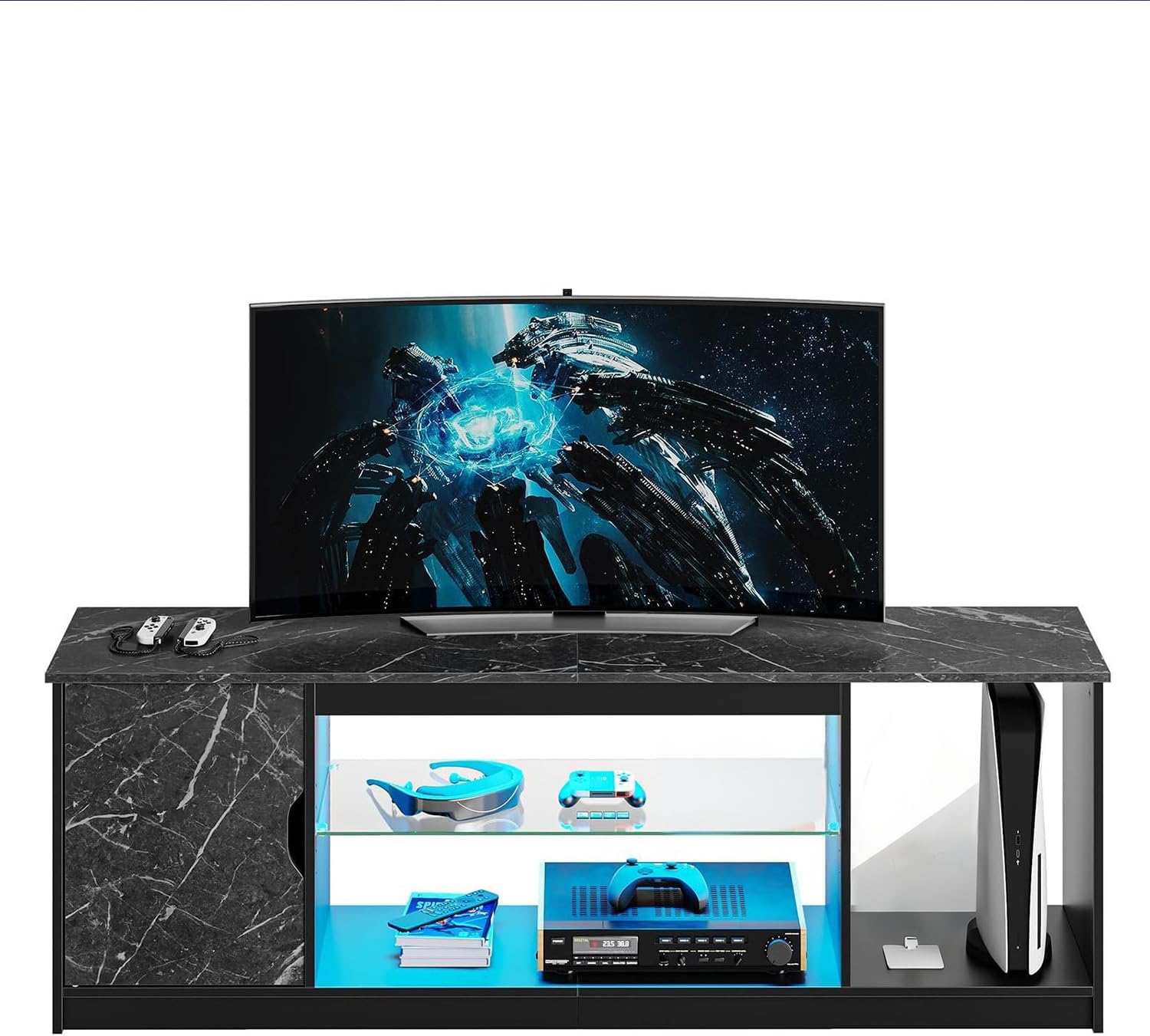 Bestier LED TV Stand for 55/60/65 Inch TV, Gaming Entertainment Center with Cabinet for PS5, Xbox,Modern TV Cabinet with Adjustable Glass Shelves for Living Room, Bedroom 57 Inch,Black Marble