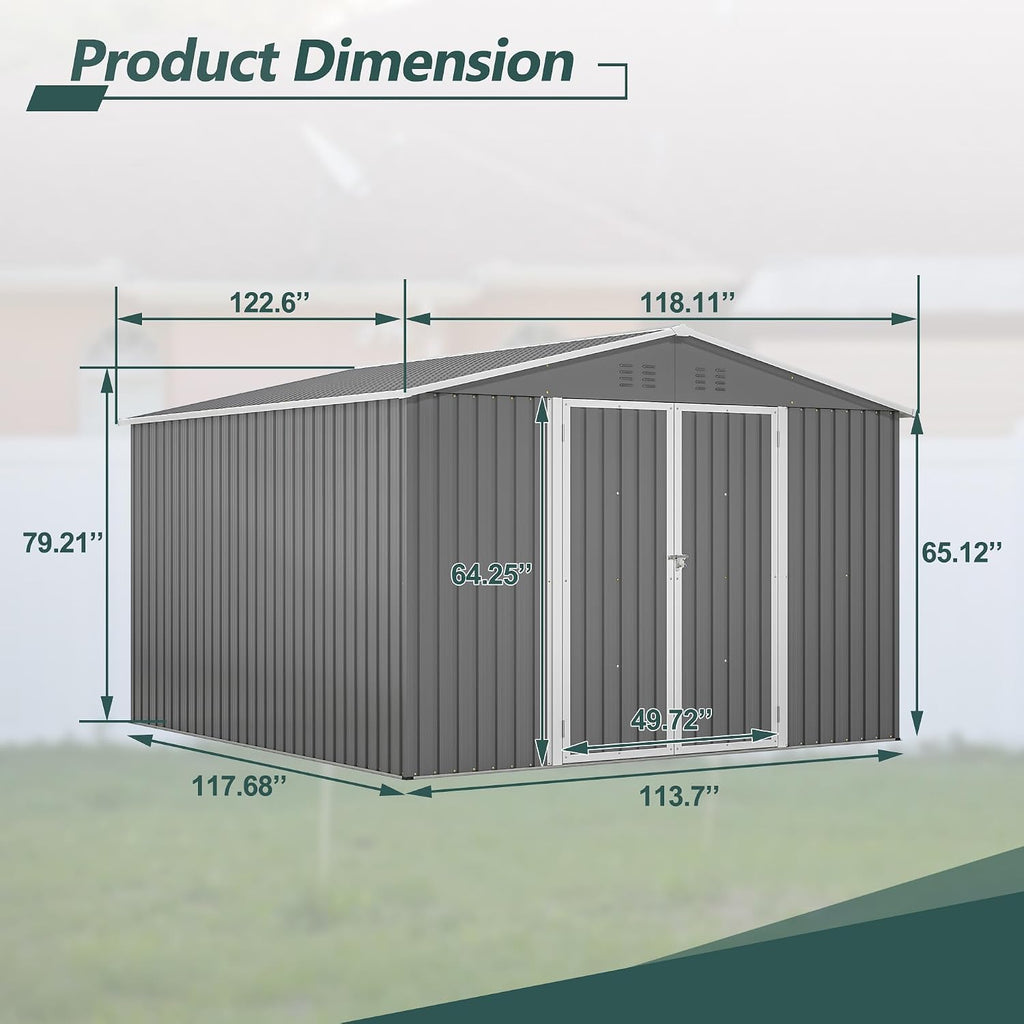 YOPTO 10X10 FT Outdoor Storage Shed,Metal Shed W/Lockable Doors,Air Vents & Sloped Roof,Garden Tool House W/Updated Frame Structure,for Backyard Patio Lawn,Gray