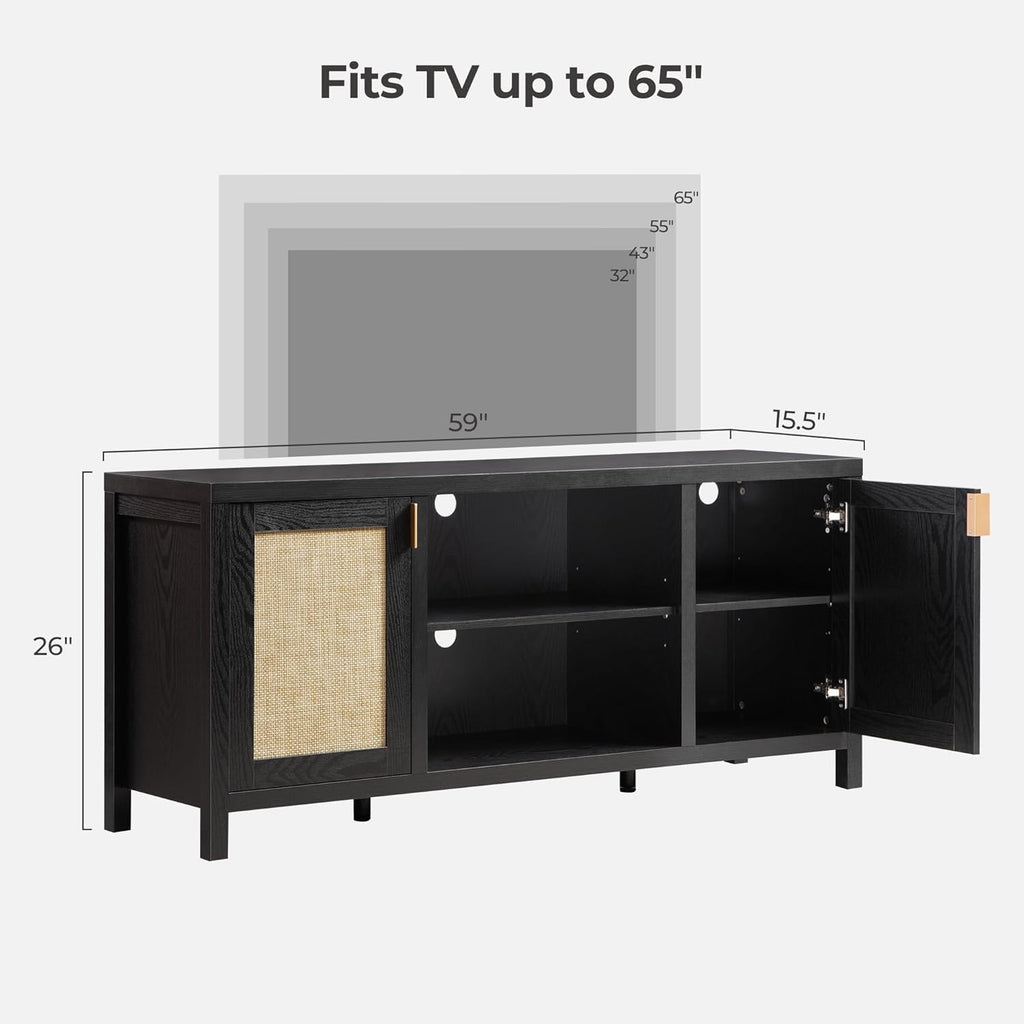 SICOTAS Rattan TV Stand for Living Room - 26' Tall Farmhouse Entertainment Center with Storage and Wicker Door, Media TV Console Cabinet for TVs Up to 65 Inch, Black Oak