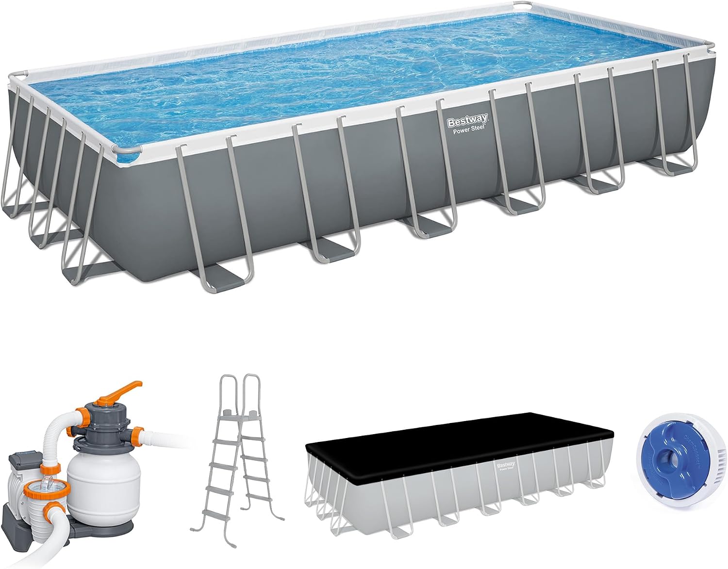 Bestway Power Steel 24' x 12' x 52' Above Ground Pool, Rectangular Metal Frame Outdoor Swimming Pool Set with Sand Filter Pump, Ladder, and Cover