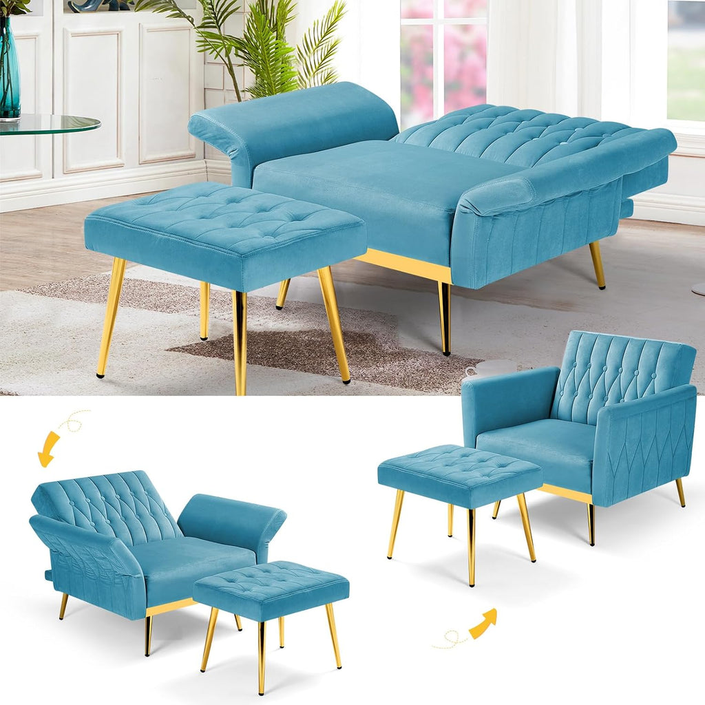 2 Pieces Velvet Sofa Set with Adjustable Armrest and Backrest, 70' Convertible Futon Sofa Bed & Mordern Accent Chair with Ottoman for Living Room, Bedroom, Baby Blue