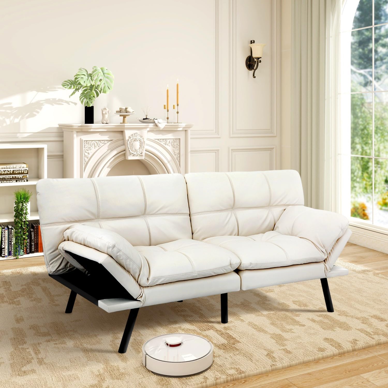 MUUEGM Futon Sofa Bed Memory Foam White Futons Modern Office Couch Sleeper Bed Convertible Love seat Sofa for Small Spaces,Apartment,Office with Adjustable Armrest Backrest