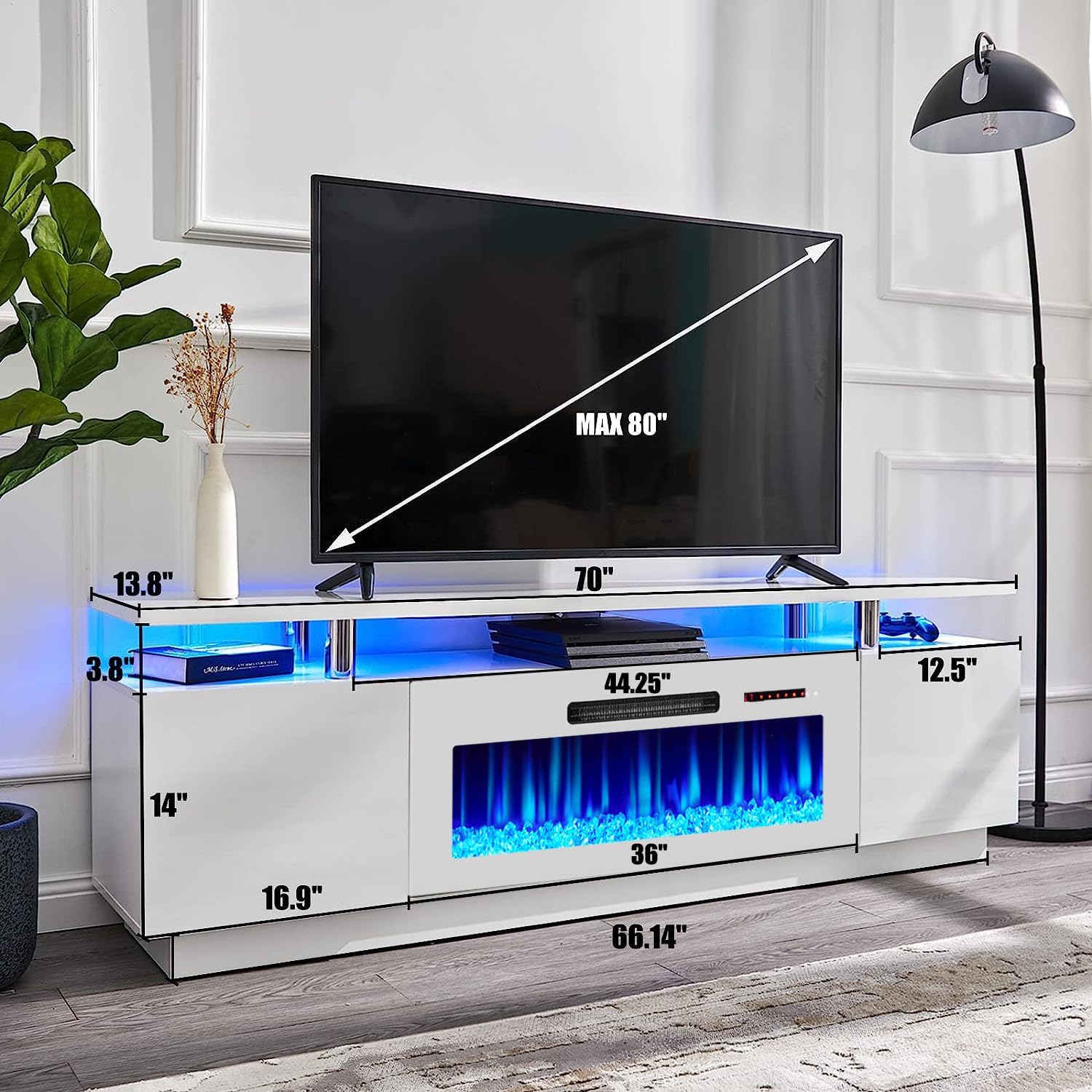 AMERLIFE Fireplace TV Stand with 36' Fireplace, 70' Modern Fireplace Entertainment Center LED Lights, 2 Tier TV Console Cabinet for TVs Up to 80', White & White