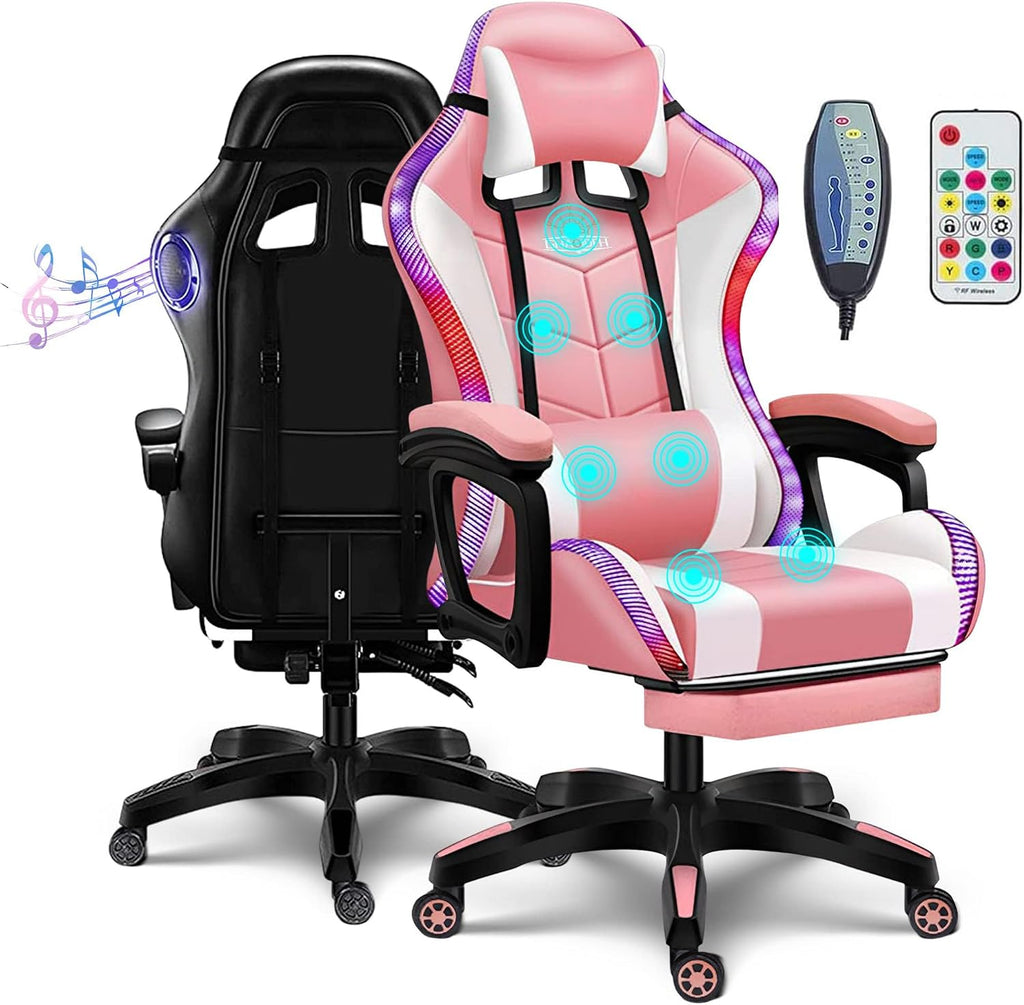Gaming Chair with LED Light Ergonomic Video Game Chairs with Bluetooth Speakers Adjustable Armrest Height PU Leather Racing Chair Computer Office Swivel Chair for Adult Teens,Pink