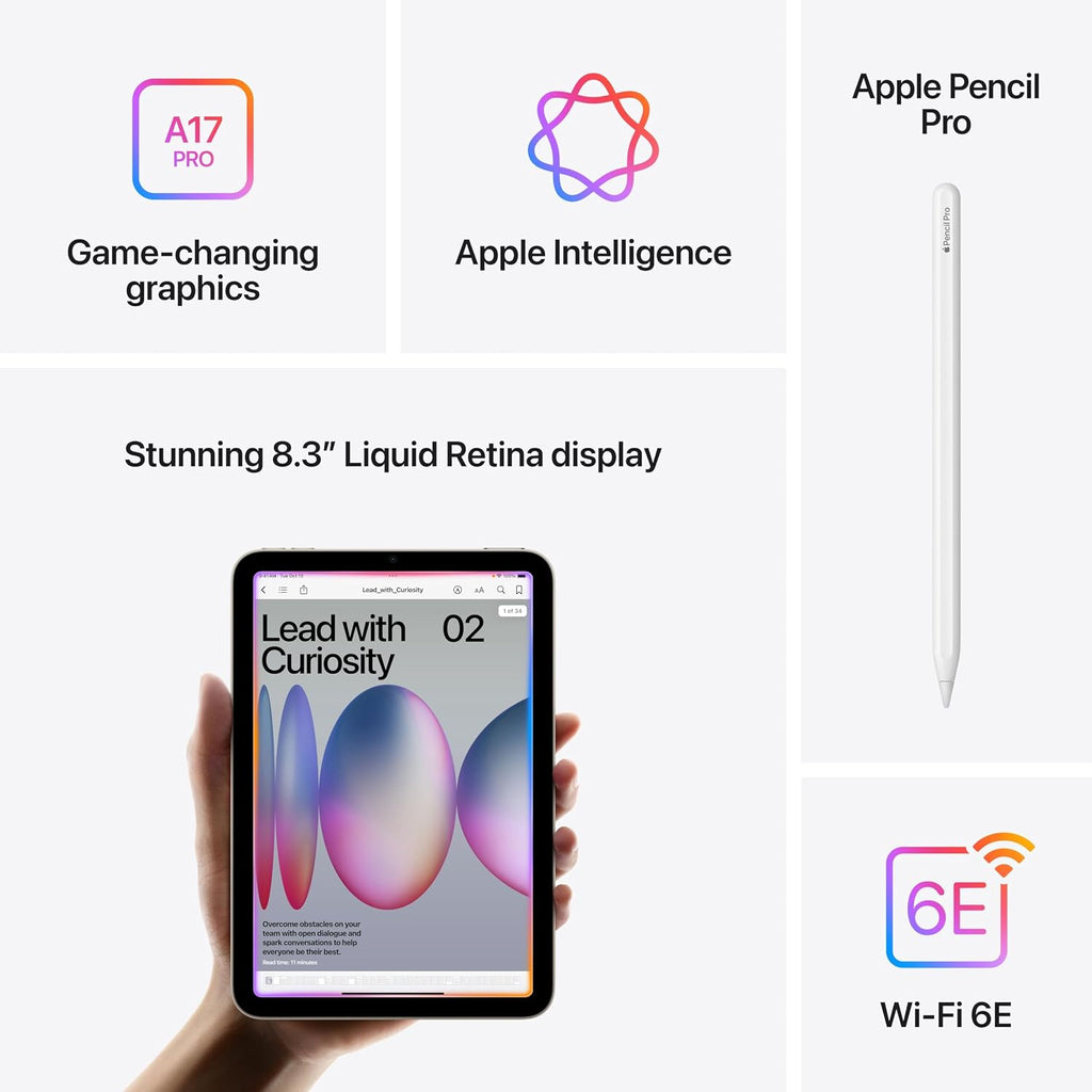 Apple iPad mini (A17 Pro): Apple Intelligence, 8.3-inch Liquid Retina Display, 128GB, Wi-Fi 6E, 12MP Front/12MP Back Camera, Touch ID, All-Day Battery Life with AppleCare+ (2 Years) — Space Gray