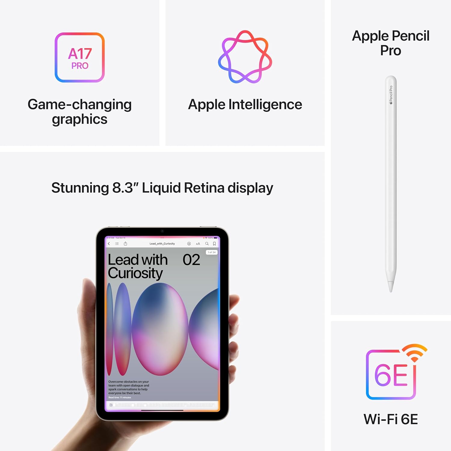 Apple iPad mini (A17 Pro): Apple Intelligence, 8.3-inch Liquid Retina Display, 128GB, Wi-Fi 6E, 12MP Front/12MP Back Camera, Touch ID, All-Day Battery Life with AppleCare+ (2 Years) — Space Gray