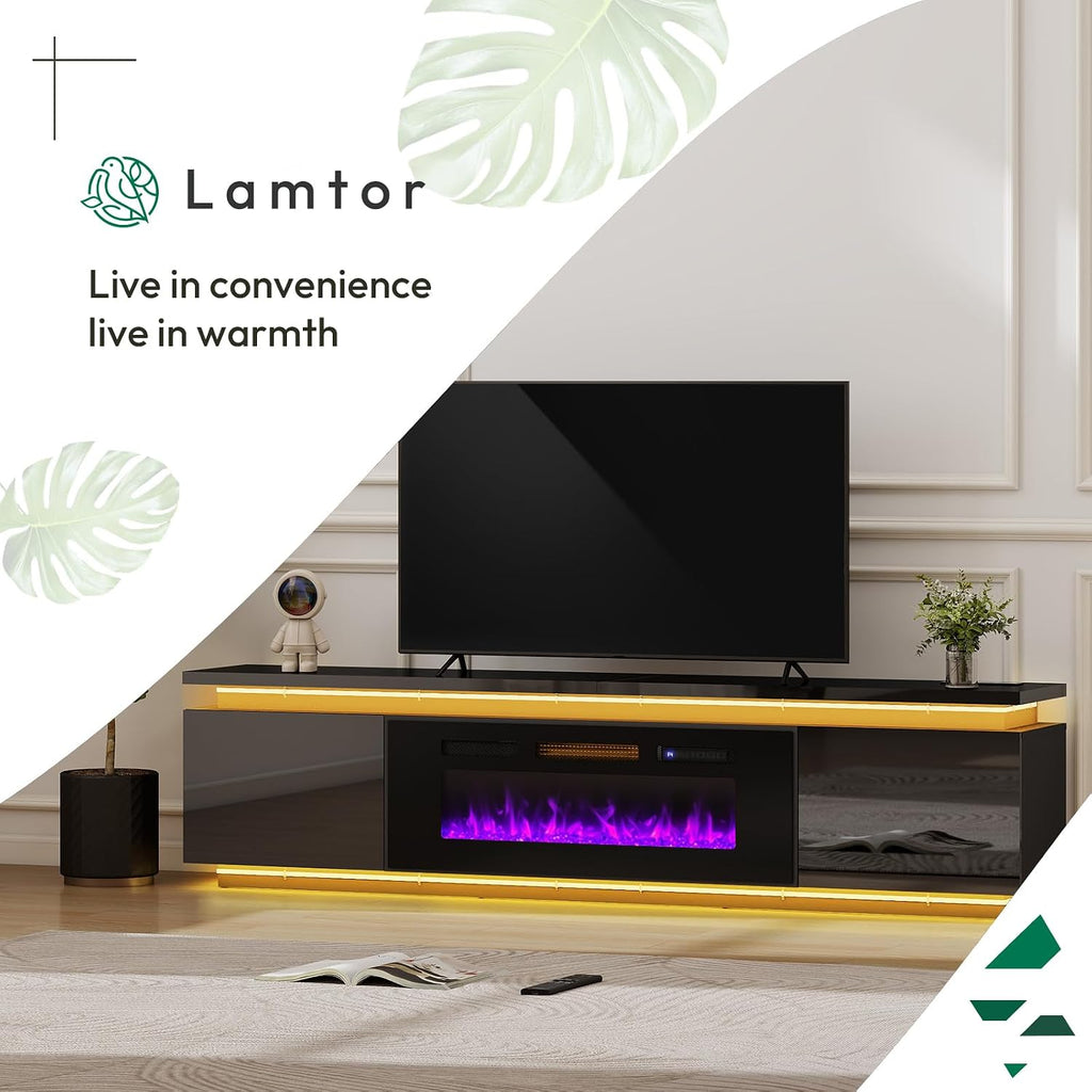 Lamtor Fireplace TV-Stand with 40' Fireplace - 2 LED fire Place TV Stand for 90 95 Inch TVs - Entertainment Center with 4 AC Power Outlets - TV Consoles Stand for Living Room, Gloss Black