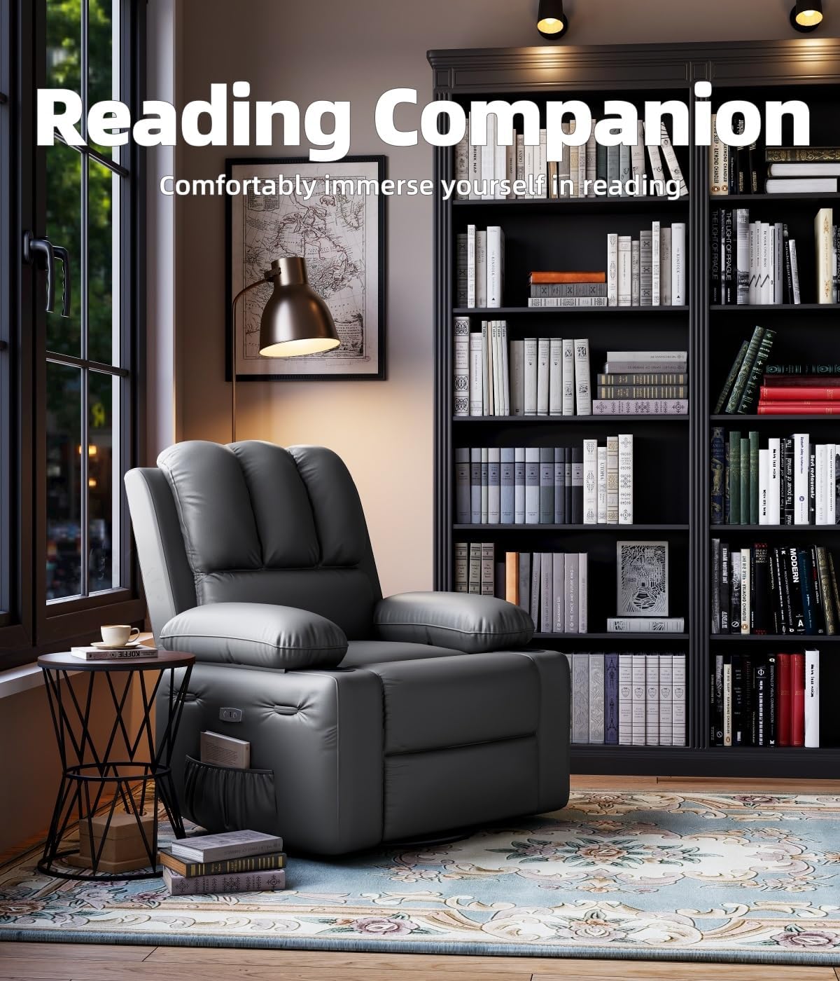 22'' Electric Recliner Chair for Adults, Swivel Rocker Recliner with Massage and Heat, Pu Leather Single Sofa with Cup Holder and Side Pocket, for Living Room, Bedroom, Grey