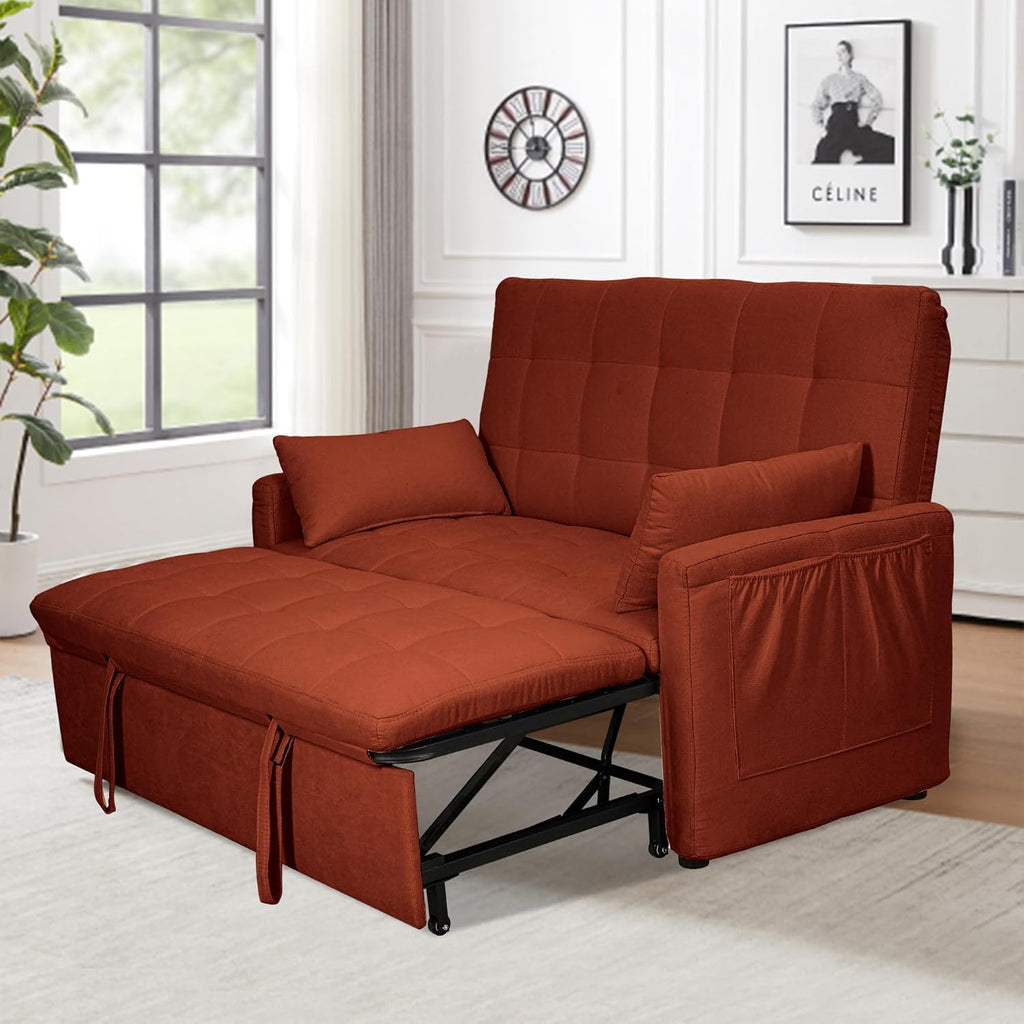 Oversized 3-in-1 Convertible Sleeper Sofa Bed, Futon Couch with Pullout Bed, 2-Seater Loveseat Sofa w/Pockets, Adjustable Backrest and Pillows for Living Room Apartment (Orange-Button Tufted)