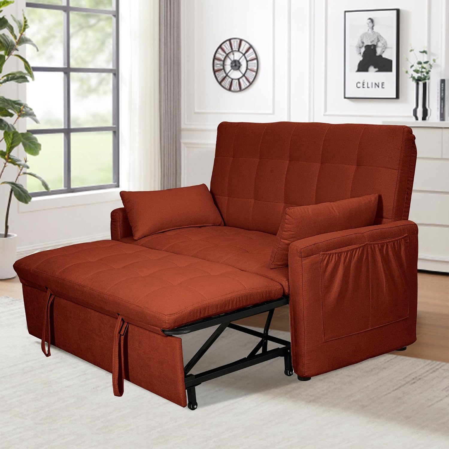Oversized 3-in-1 Convertible Sleeper Sofa Bed, Futon Couch with Pullout Bed, 2-Seater Loveseat Sofa w/Pockets, Adjustable Backrest and Pillows for Living Room Apartment (Orange-Button Tufted)