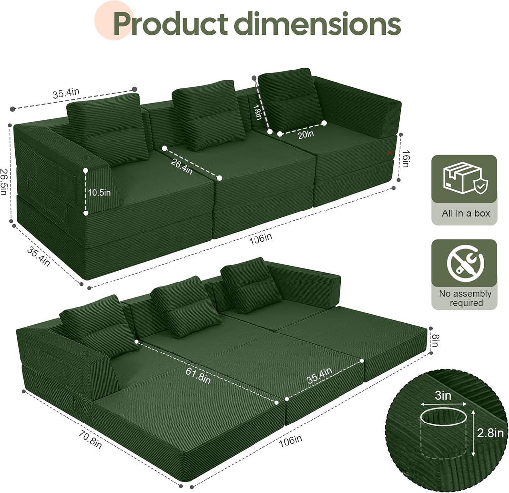 COMAX Futon Sofa Bed 3 Seater, 106' Convertible Sofa Bed Couches for Living Room, 4 in 1 Folding Boneless Sleeper Corduroy Couch Foam in a Box, Comfy Foldable Lounge Fold Out Floor Mattress, Green