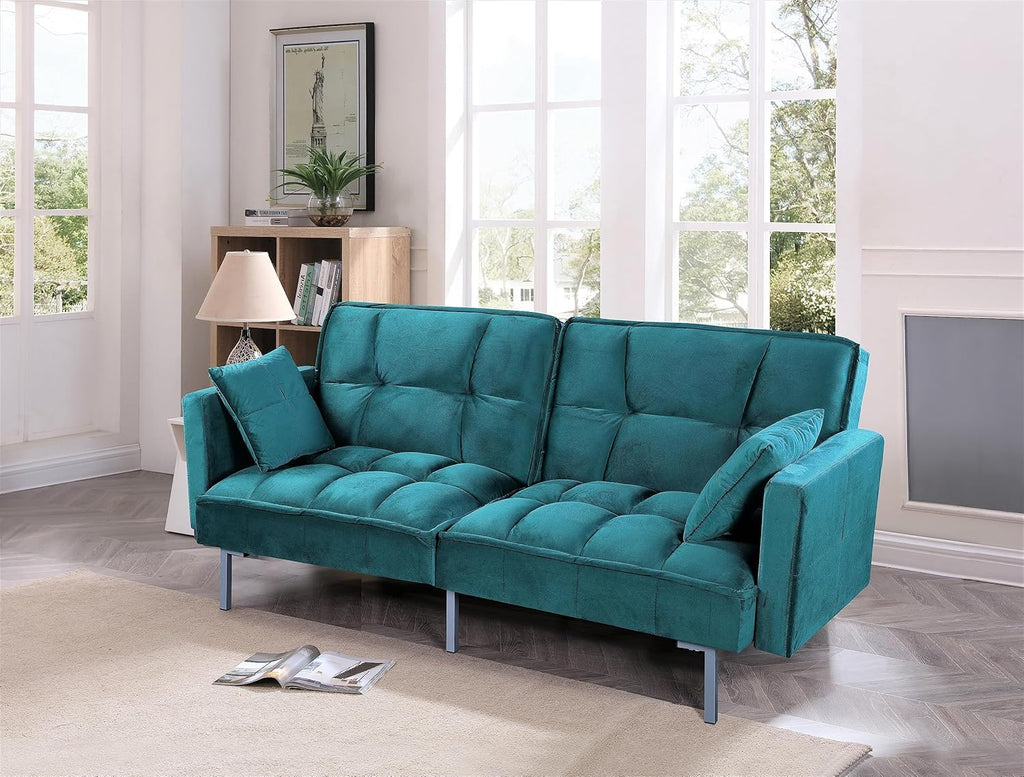 Container Furniture Direct Regal 75.6' Velvet Convertible Sofa Bed - Mid-Century Sleeper Couch w/Tufted Design & Metal Legs - Pull-Out Futon for Guests/Home (75.6' W x 34.6' D x 32' H), Blue