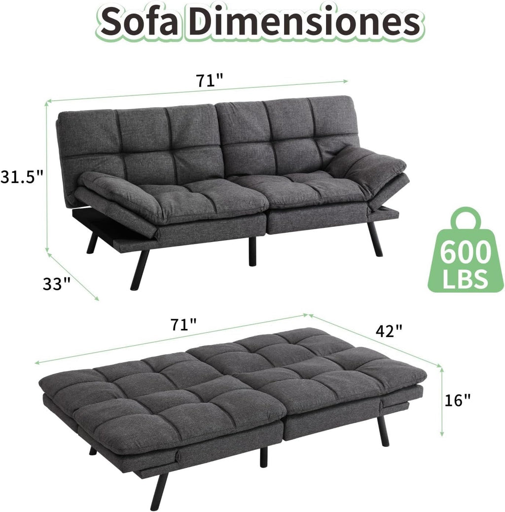 MUUEGM 71' Convertible Futon Sofa Bed, Upholstered Small Futon Couches with Adjustable Backrest, Loveseat Sleeper Bed for Compact Living Room Studio Office (Charcoal Gray)