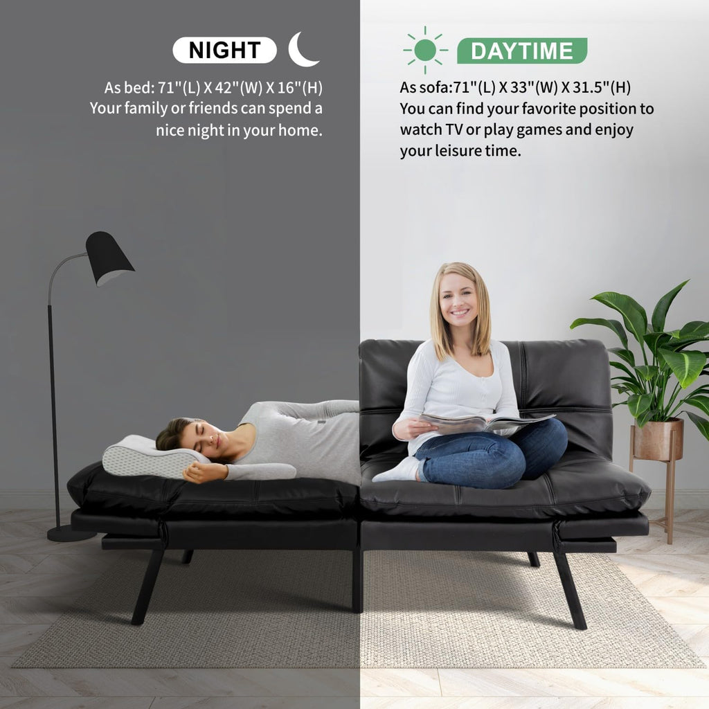 MUUEGM 71' Futon Sofa Bed, Convertible Couch Filled with Memory Foam, Modern Loveseat with Adjustable Backrest&Armrest, Sofas for Living Room,Game Room,Dormitory,Office.Matte Black Leather