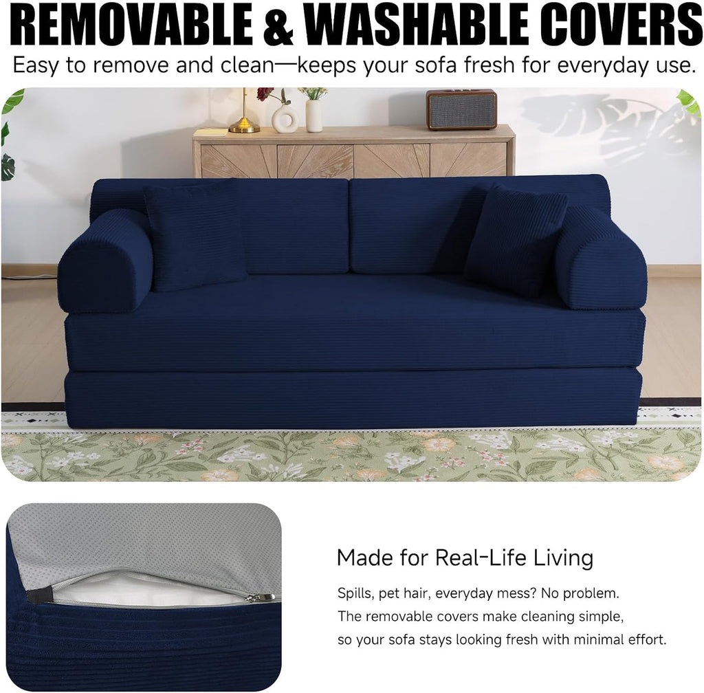 78.8' Memory Foam Boneless Couch, Corduroy Floor Sofa Bed, Convertible Sleeper Futon Loveseat, Wide Armrests & Back Support, Supports Up to 1200 lbs, Couch in a Box with 2 Pillows, Navy Blue