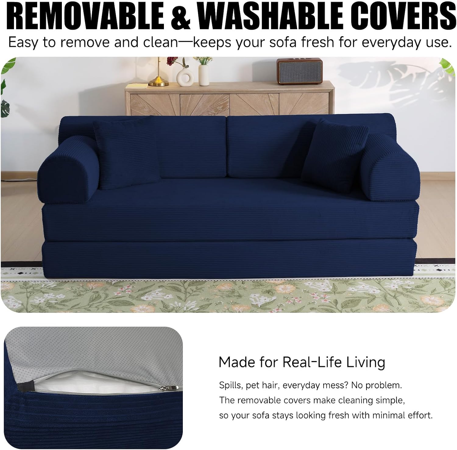78.8' Memory Foam Boneless Couch, Corduroy Floor Sofa Bed, Convertible Sleeper Futon Loveseat, Wide Armrests & Back Support, Supports Up to 1200 lbs, Couch in a Box with 2 Pillows, Navy Blue