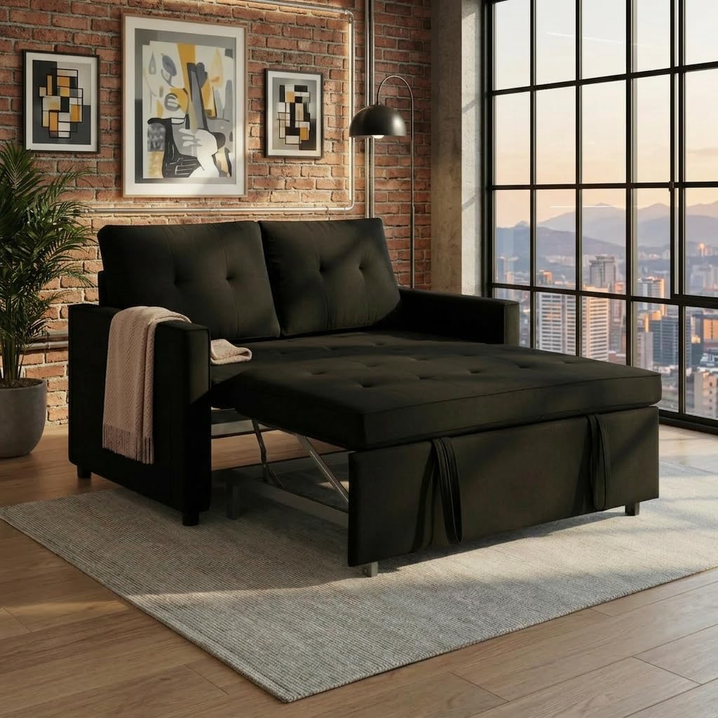 Sofa Bed, Pull Out Couch with Side Pockets, 3 in 1 Velvet Fabric Loveseat Sleeper Sofa Bed, Pull Out Couch with Adjustable Backrest for Living Room, Bedroom, Apartment, Black, 53 Inch