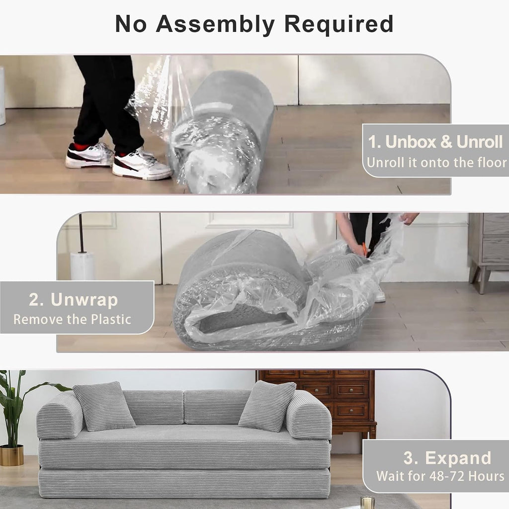 JJJ 78 inch Sofa Bed 4-in-1 Boneless Convertible Corduroy Sleeper Folding Couch with Fixed-Shape Frame and 2 Futons No Assemble Required 3 Seater Upholstered for Living Room (Light Grey, 78 inch)
