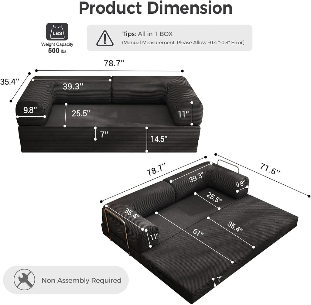 78.8' Convertible Sofa Bed,Corduroy Futon Couch, Folding Pull Out Futon Sofa,No Assembly Boneless Couch for Living Room