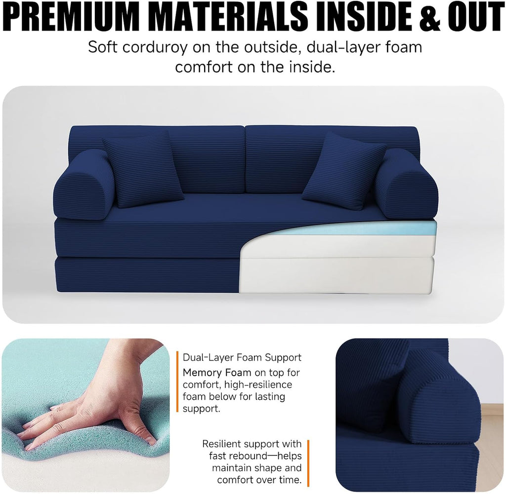 78.8' Memory Foam Boneless Couch, Corduroy Floor Sofa Bed, Convertible Sleeper Futon Loveseat, Wide Armrests & Back Support, Supports Up to 1200 lbs, Couch in a Box with 2 Pillows, Navy Blue