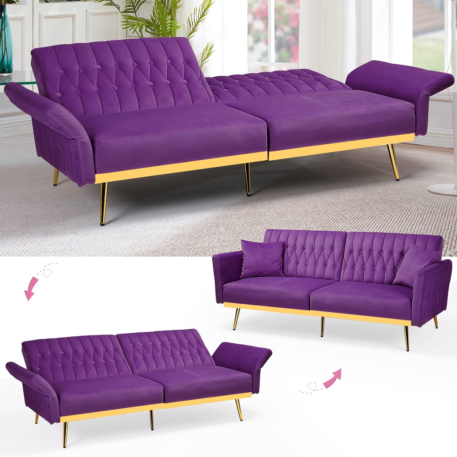 2 Pieces Velvet Sofa Set with Adjustable Armrest and Backrest, 70' Convertible Futon Sofa Bed & Mordern Accent Chair with Ottoman for Living Room, Bedroom, Purpel