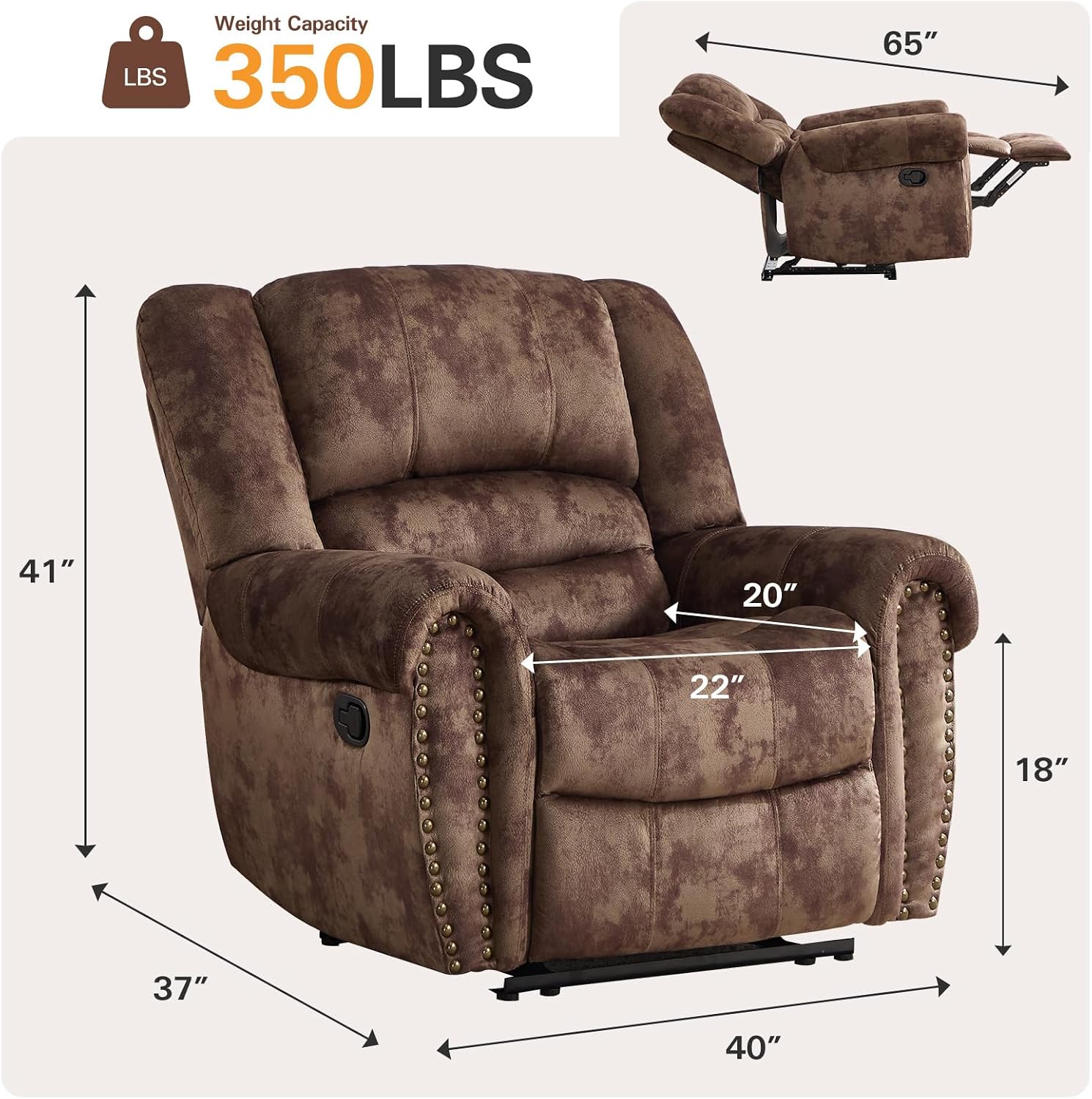 CANMOV Manual Recliner Chair, Classic and Traditional Fabric Recliner Chair with Comfortable Arms and Back Single Sofa for Living Room, Chocolate Brown