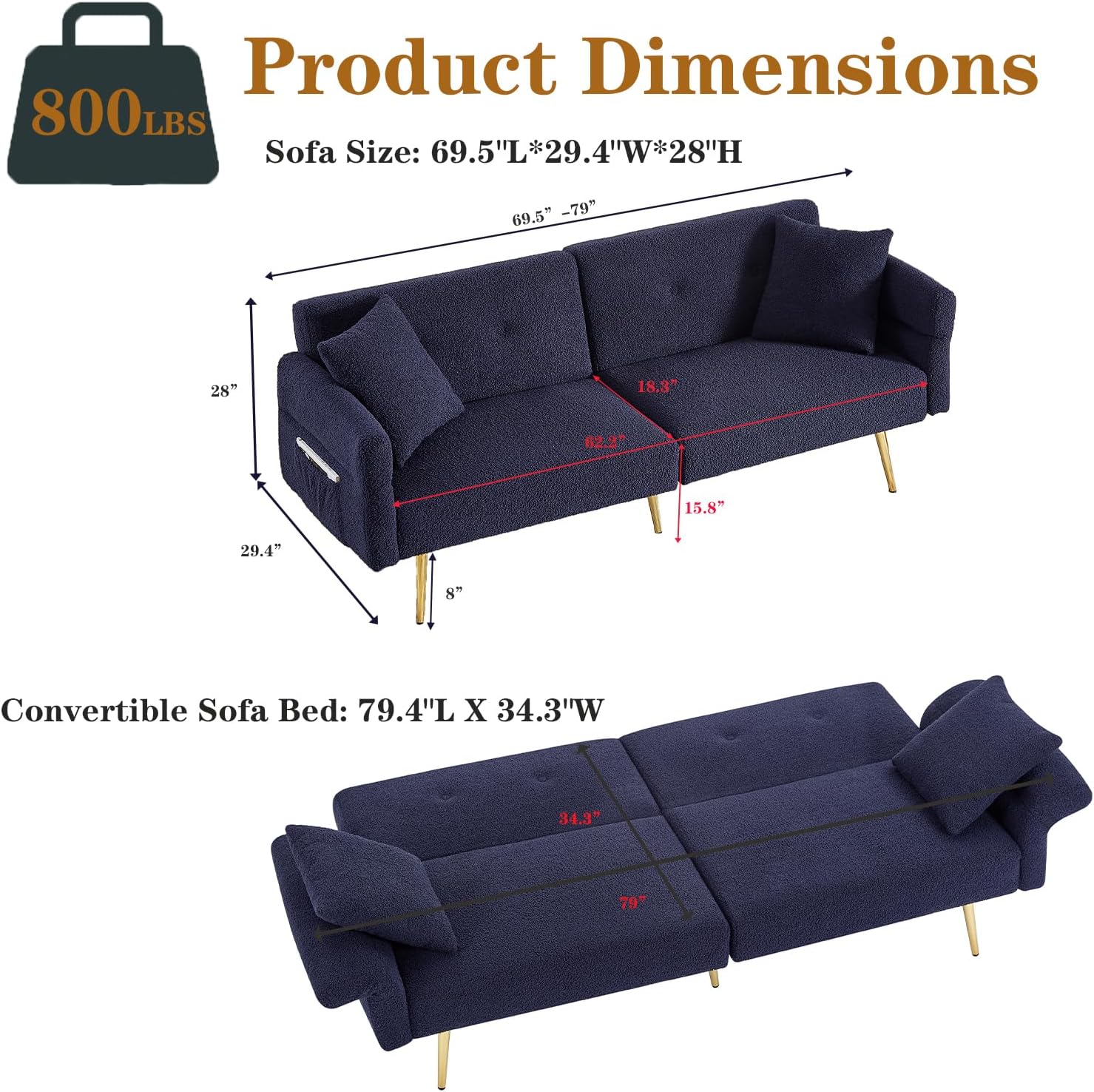 69.5' Convertible Futon Sofa Bed with Adjustable Backrest and Armrests, Teddy Upholstered Loveseat Sleeper Couch with 2 Pillows and Metal Legs Love Seat for Guest Room Living Room (Dark Blue)