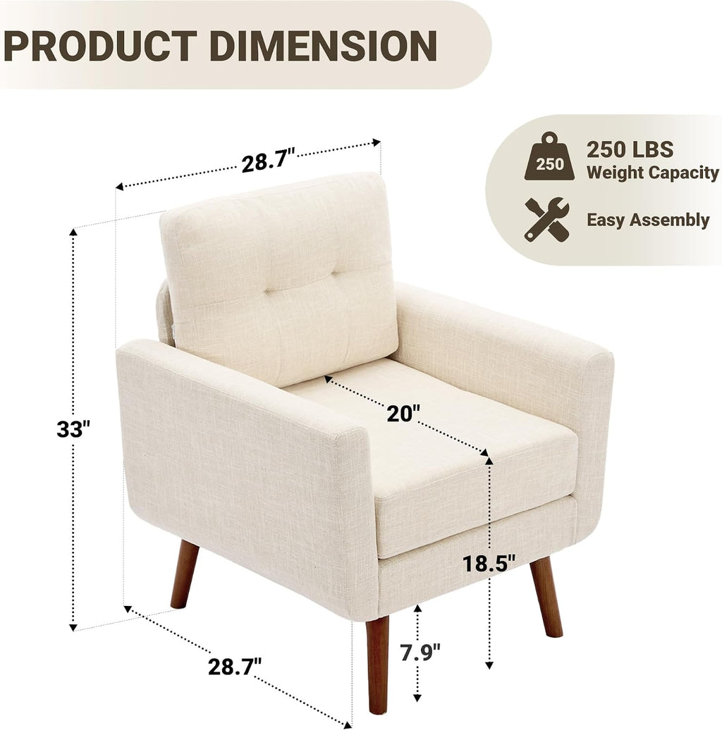 Tbfit Linen Fabric Single Sofa, Accent Chair, Mid Century Modern Armchair for Living Room, Bedroom Button Tufted Upholstered Comfy Reading Sofas, Beige