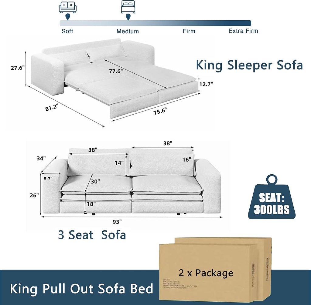 93' King Pull Out Sofa Bed, Teddy Sleeper Sofa Couch, Modern Wide Armrest, 3 in 1 Convertible Futon Couches for Living Room, Small Space, Apartment, Office, Bedroom, Blue