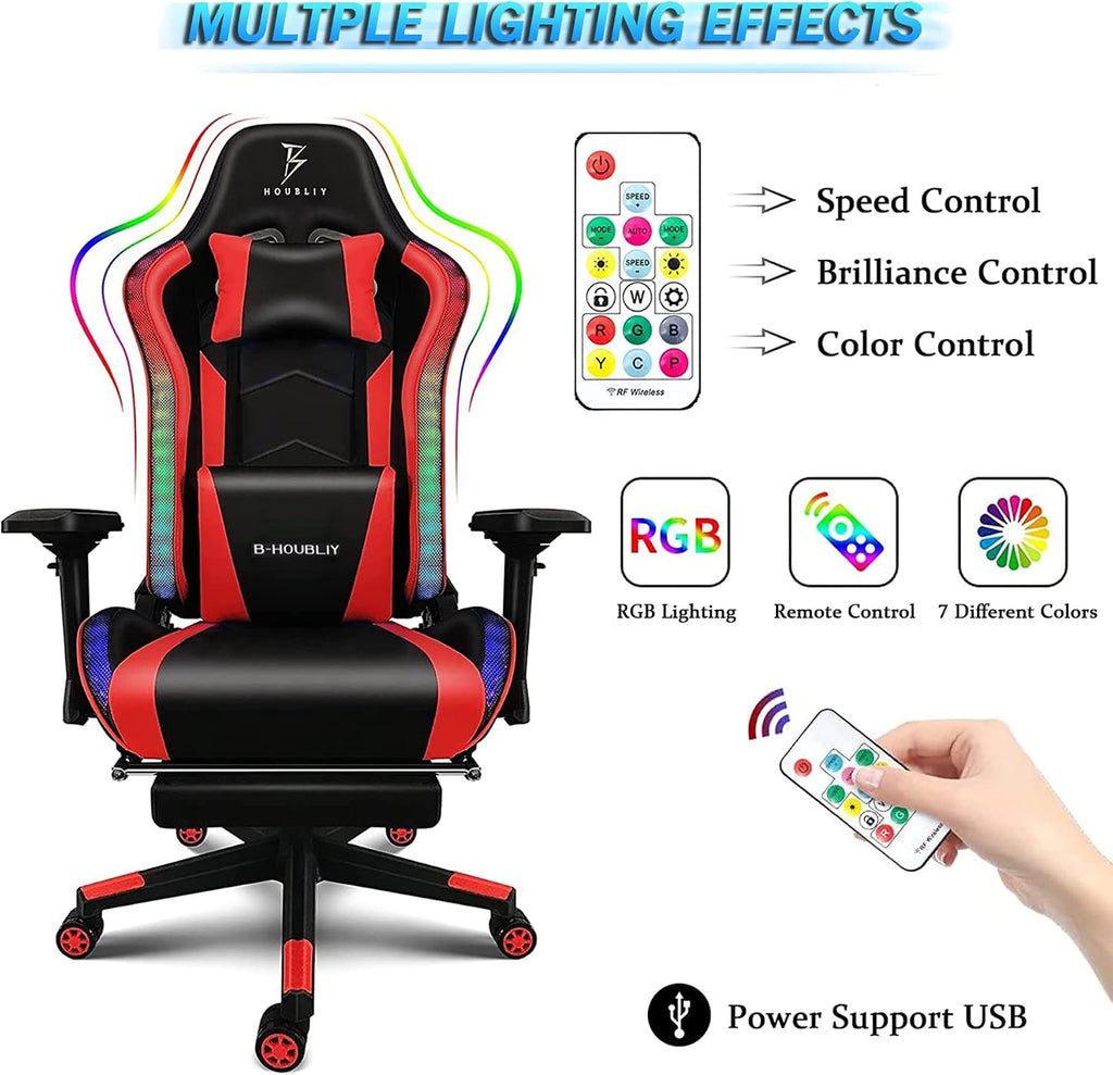 Massage Gaming Chair with Footrest, Computer Chair with Speakers and RGB Lights Height Adjustable Gamer Chair with 4D Armrests Headrest and Lumbar Support Office Chairs for Gaming,Black