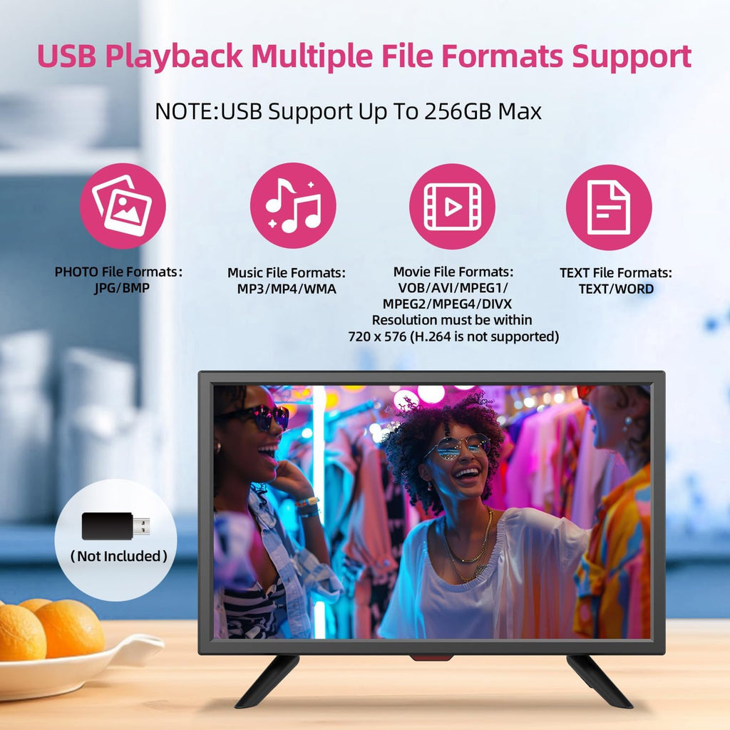 othoig TV 20 inch,Small Kitchen Flat Screen TV with Headphones Port,HDMI,USB and VGA Ports,DV-12V Cable & AC Adapter for use in Your Bedroom & Caravan (Full View Television)