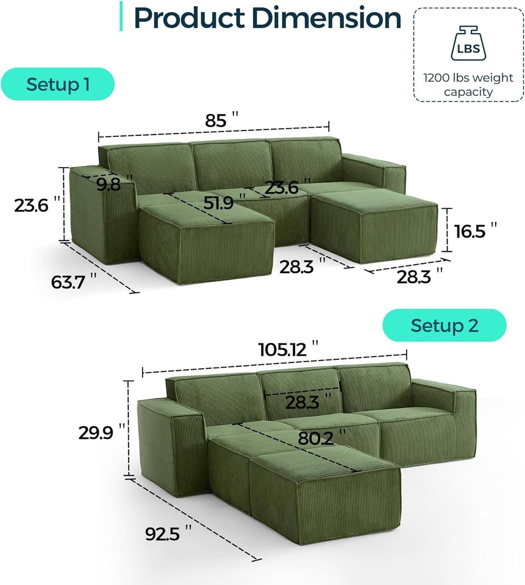 LINSY HOME Modular Sectional Sofa, 105' Boneless Couch U Shaped 3-Seat Sofa with 2 Ottomans, Corduroy Sectional Cloud Couches for Living Room, No Assembly Required(Green)