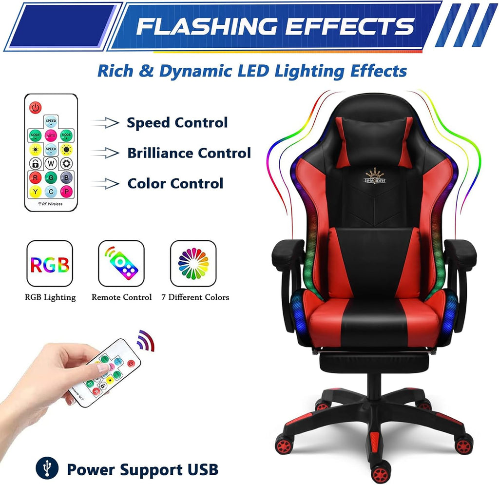 XOOFMASS Ergonomic Massage Computer Chair for Adults RGB Gaming Chair with LED Lights & Speakers, Video Game Chair with Footrest & Lumbar Support, 135° Reclining Chair High Back Office Chair,Pink