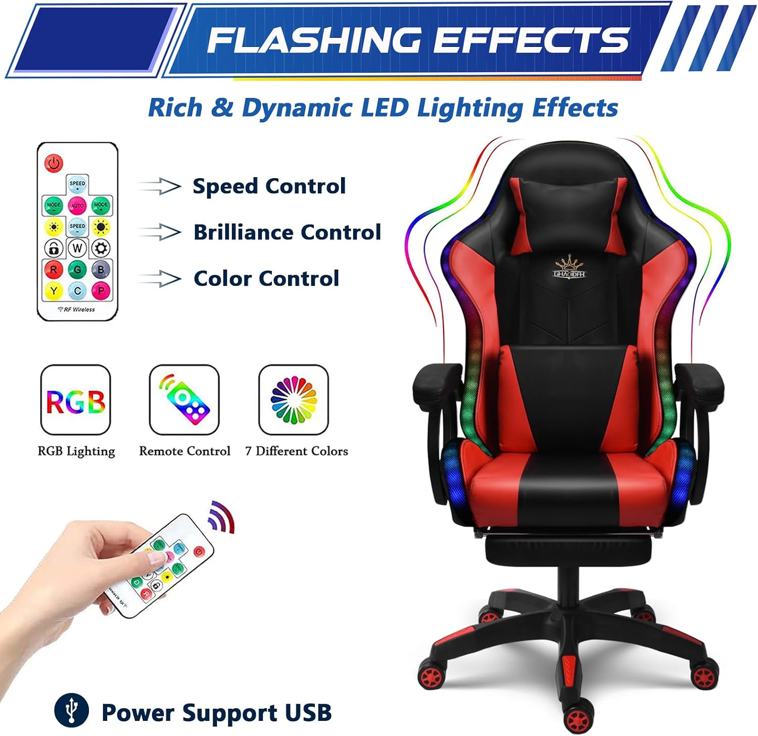 Ergonomic Gaming Chair Computer Chair with RGB LED Lights and Speakers, Office Chair PU Leather Massage Swivel Recliner Chair with Footrest Lumbar Support Headrest Armrest,White