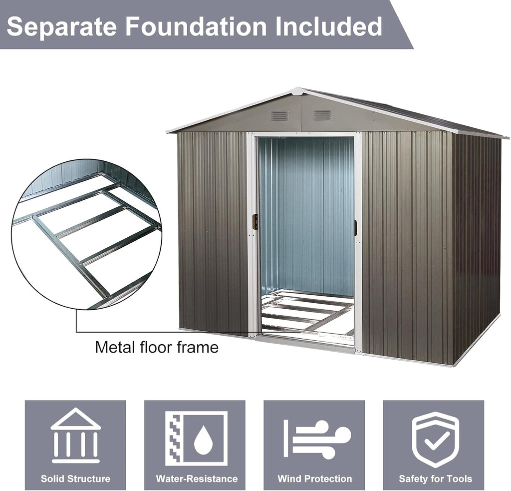 8 x 6 FT Outdoor Storage Shed, Metal Garden Shed with Floor Frame, Large Tool Shed Outdoor Storage with Lockable Sliding Doors & Air Vents, Storage House Waterproof for Backyard, Lawn, Gray