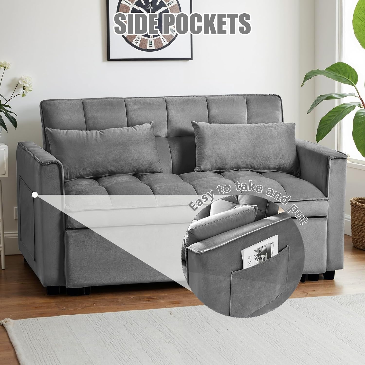 Skepphlay 3 in 1 Sleeper Sofa Bed, Pull Out Couch, Convertible Futon Loveseat with krest, Dinotefuran Living Room Chaise Lounr Home Apartment Office, Dark Grey