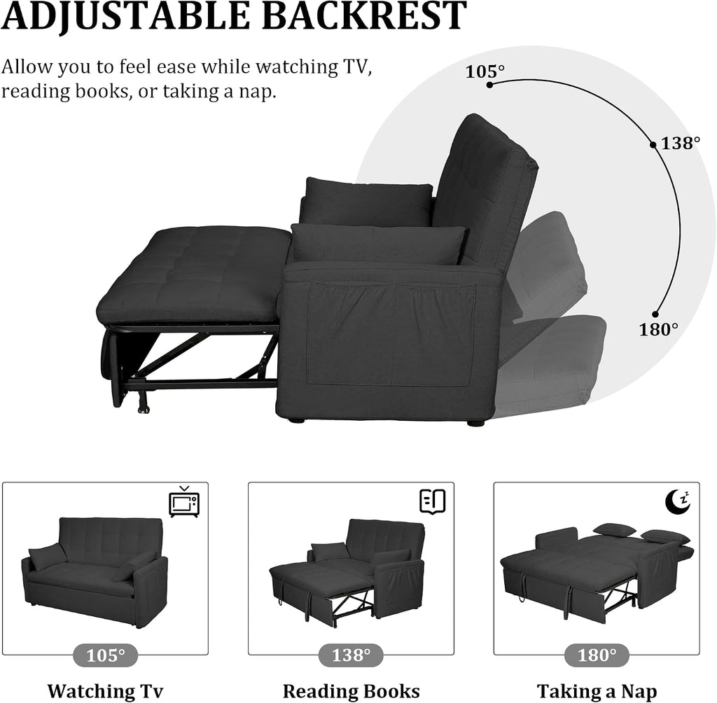 Oversized 3-in-1 Convertible Sleeper Sofa Bed, Futon Couch with Pullout Bed, 2-Seater Loveseat Sofa w/Pockets, Adjustable Backrest and Pillows for Living Room Apartment (Gray-Button Tufted)