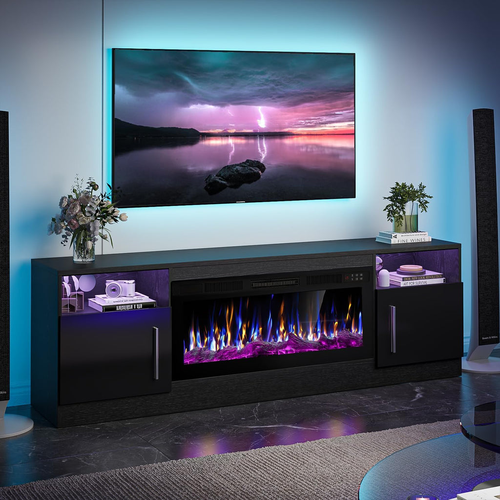 VITESSE Fireplace with TV Stand 36' inch Electric Fireplace Up to 80' TVs, LED Light Entertainment Center, 70' Modern Wood High Gloss with Highlight Storage Cabinet for Living Room (Black)