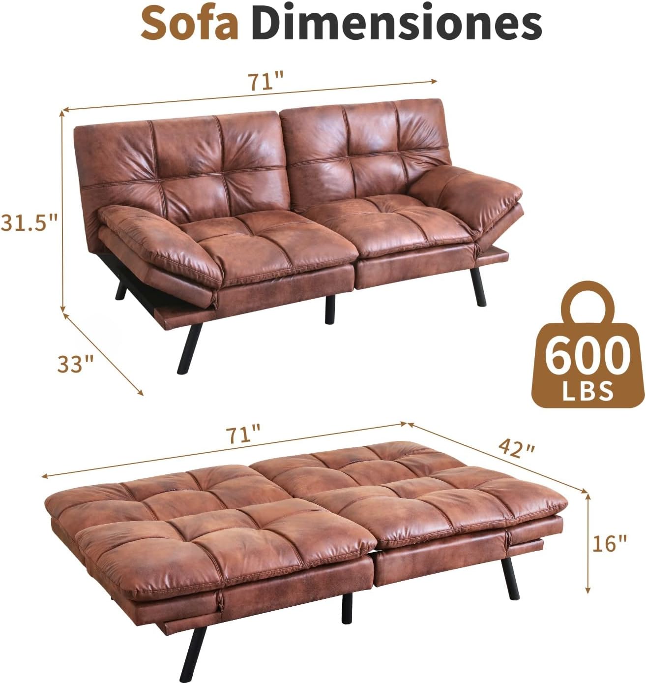MUUEGM Futon Sofa Bed, 71' Folding Recliner Lounge with Adjustable Backrest & Armrests, Comfy Loveseat Sleeper Couch for Compact Spaces, Faux Leather, Brown