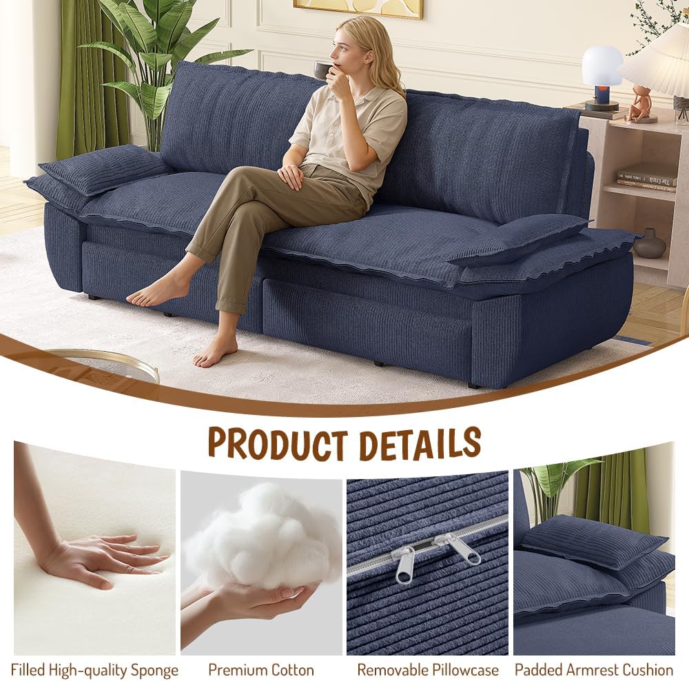 73.2' Sofa Bed Queen, 3-in-1 Pull Out Sofa Bed with Pillow Armrest, Modern Corduroy Convertible Sleeper Futon Sofa for Living Room Small Space, Apartment, Bedroom, Blue