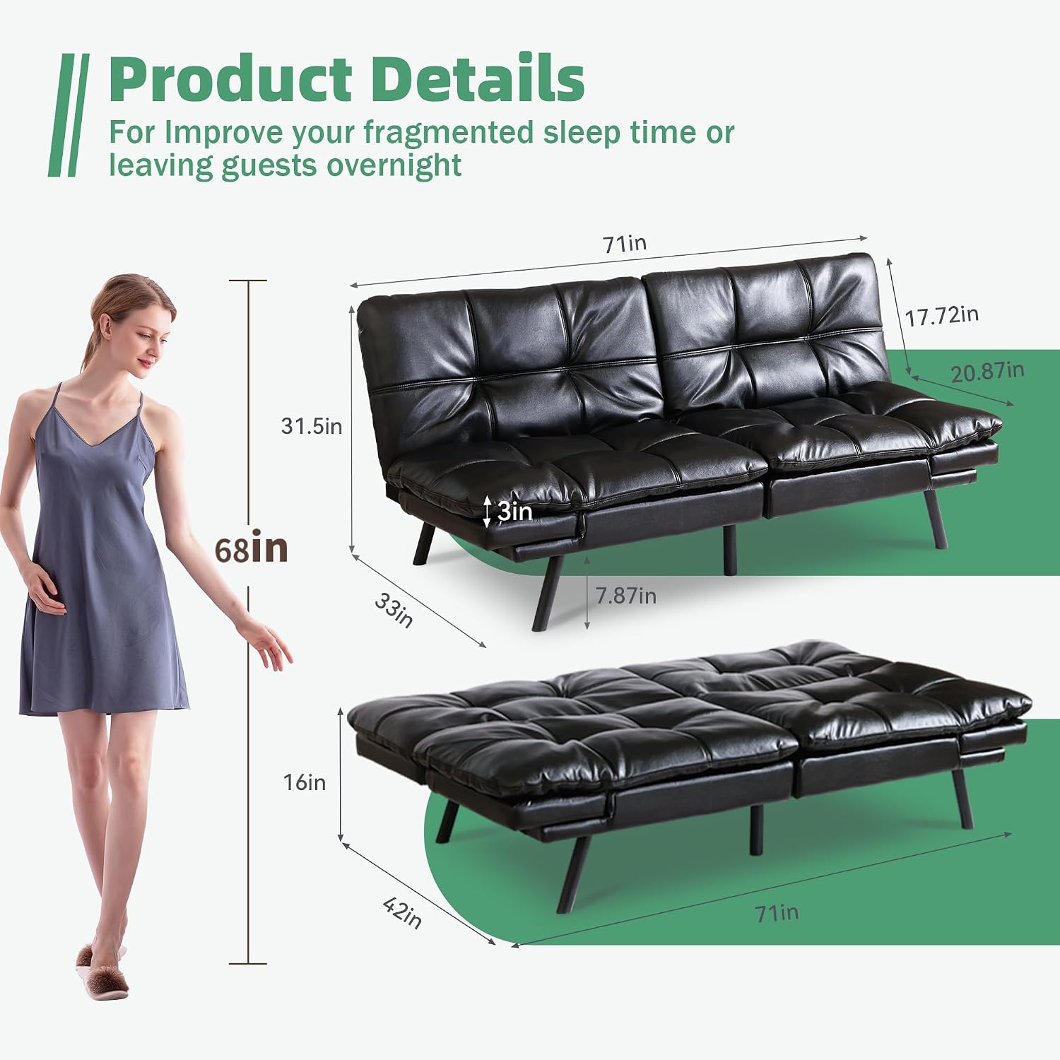 Opoiar 71' L Covertible Futon Sofa Bed,Faux Leather Futon Couch, Memory Foam Modern Loveseat Sleeper, Small Splitback Sofa Couches for Living Room,RV,Home Office,Apartment,Black