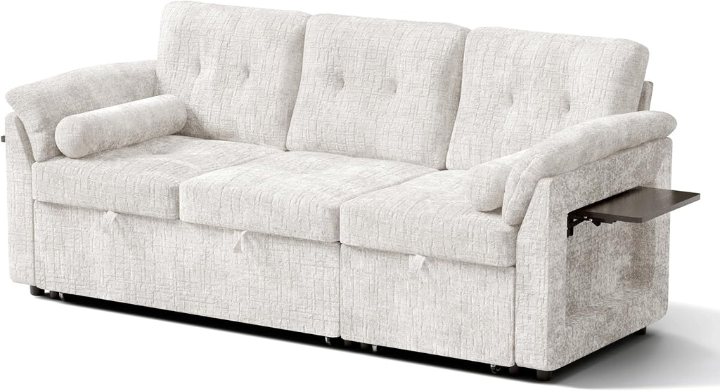 Convertible Sleeper Sofa Bed, 63 Inch Chenille Pull Out Couch with Side Table & Adjustable Backrest, Sectional Sleeper Sofa with Pull Out Bed for Living Room, Apartment, Beige