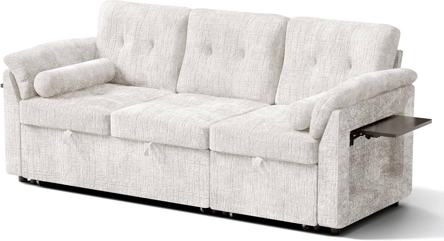 Convertible Sleeper Sofa Bed, 63 Inch Chenille Pull Out Couch with Side Table & Adjustable Backrest, Sectional Sleeper Sofa with Pull Out Bed for Living Room, Apartment, Beige