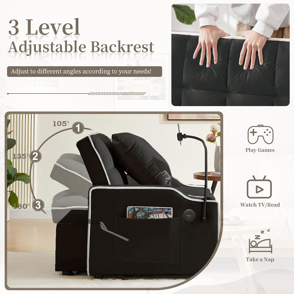 Convertible Sleeper Sofa Chair Bed, 3 in 1 Velvet Single Small Futon Sofa Bed with Phone Holder & USB Ports,Pull Out Couch Recliner with Adjustable Backrest for Living Room, Office, Small Place(Black)
