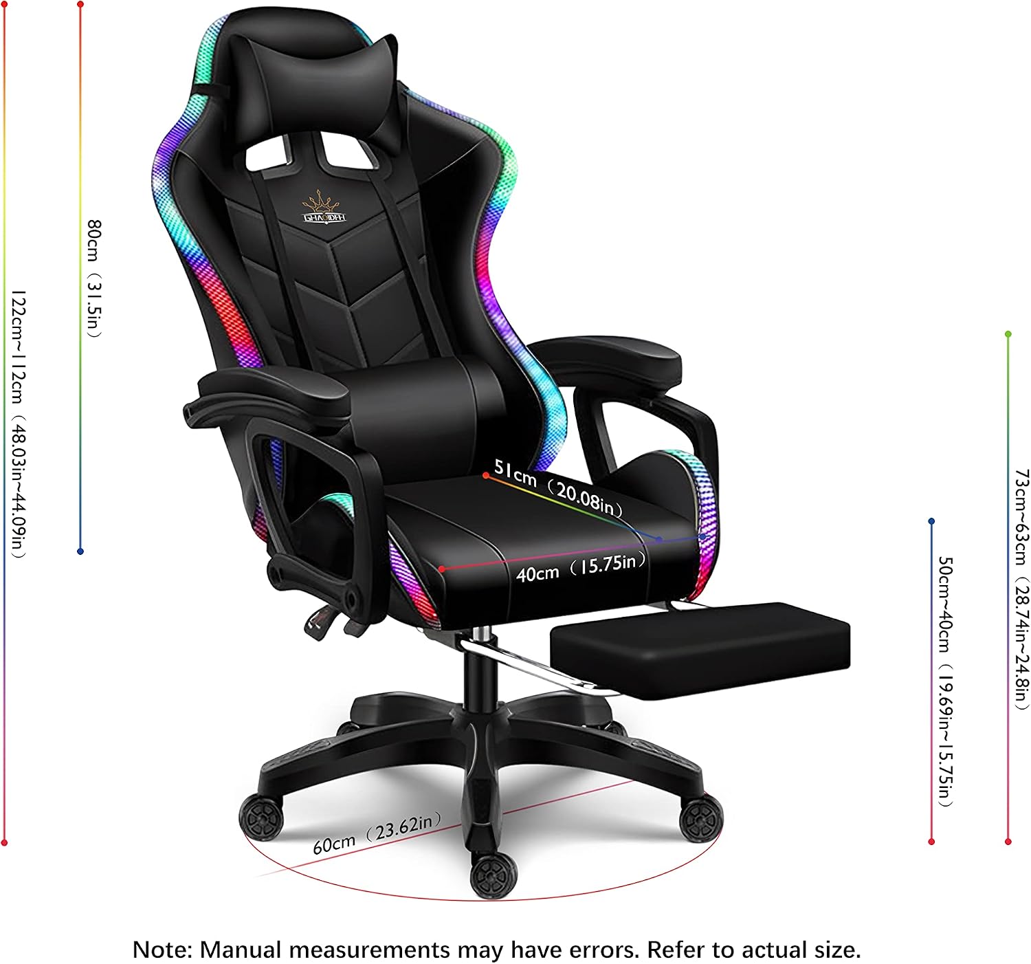RGB Gaming Chair with Massage and Footrest, Ergonomic Pro Computer Chair with LED Lights and Speakers, High Back Music Video Chair with Lumbar Support and Headrest, for Adult Teens. (All Black)