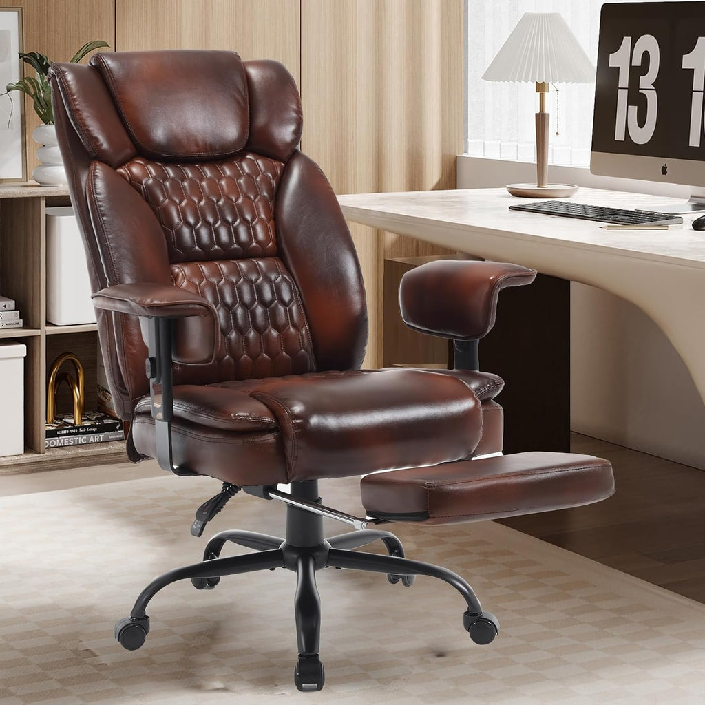400lb Brown Office Chair,Big and Tall Reclining Office Chair with Footrest, High Back Executive Computer Chair with Wheels Pu Leather Recliner Office Desk Chairs with Lumbar Support for Adult