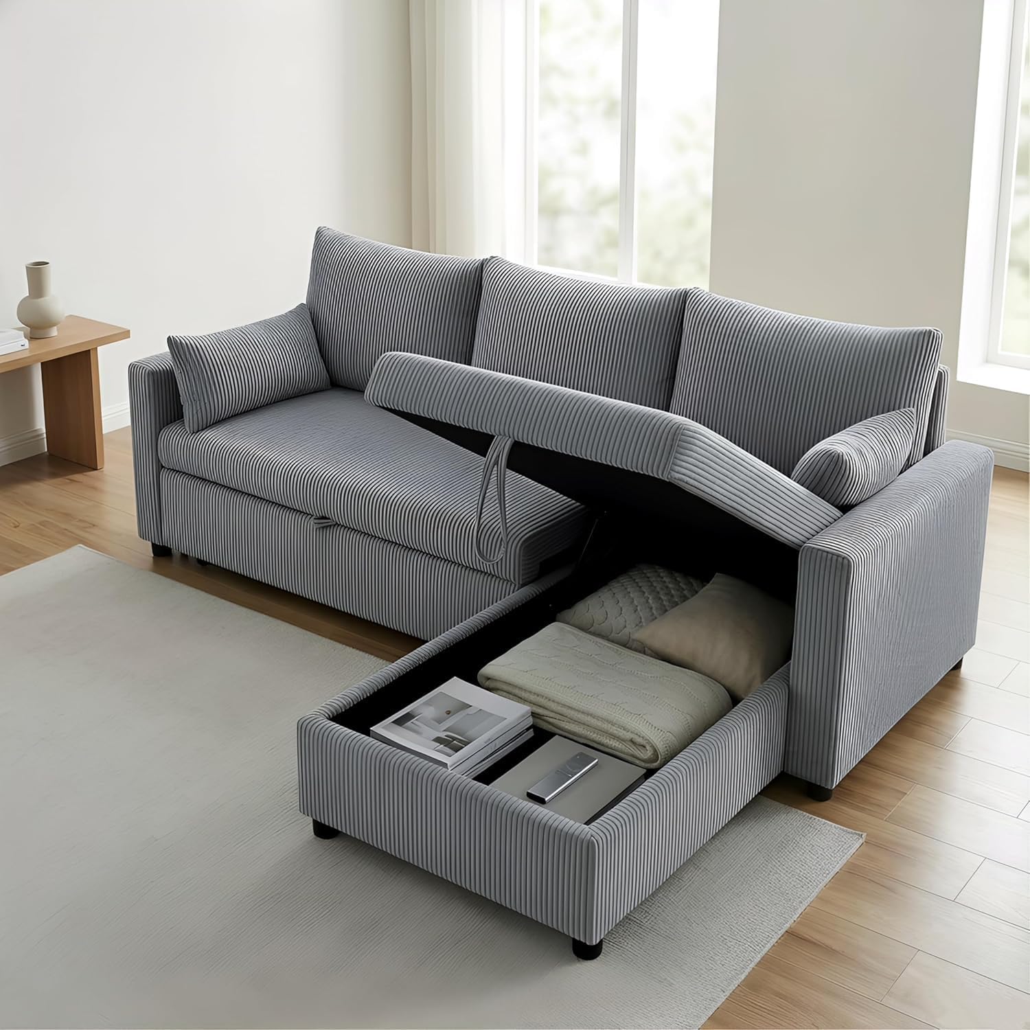 Queen Sleeper Sofa, Convertible Sofa Bed with Storage, 85 Inch Sectional Couch with Pull Out Bed, L Shaped 3 Seat Sectional Sleeper Sofa for Living Room, Apartment, Grey