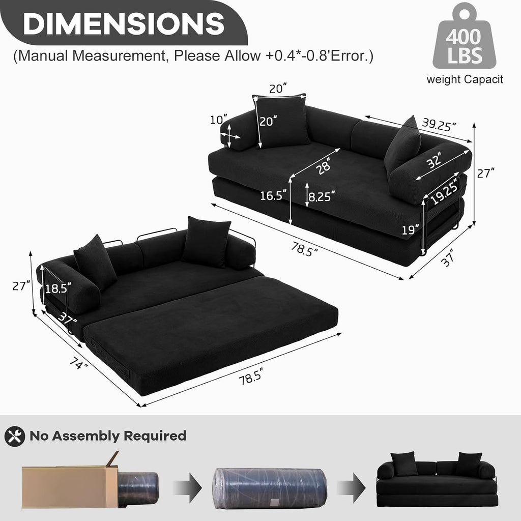 4-in-1 Convertible Folding Sofa Bed, 79' Oversized Corduroy Upholstered Boneless Couch, Loveseat Sleeper Sofa Bed, Floor Sofabed Modular Futon Couch for Living Room Bedroom Lounge (Black)